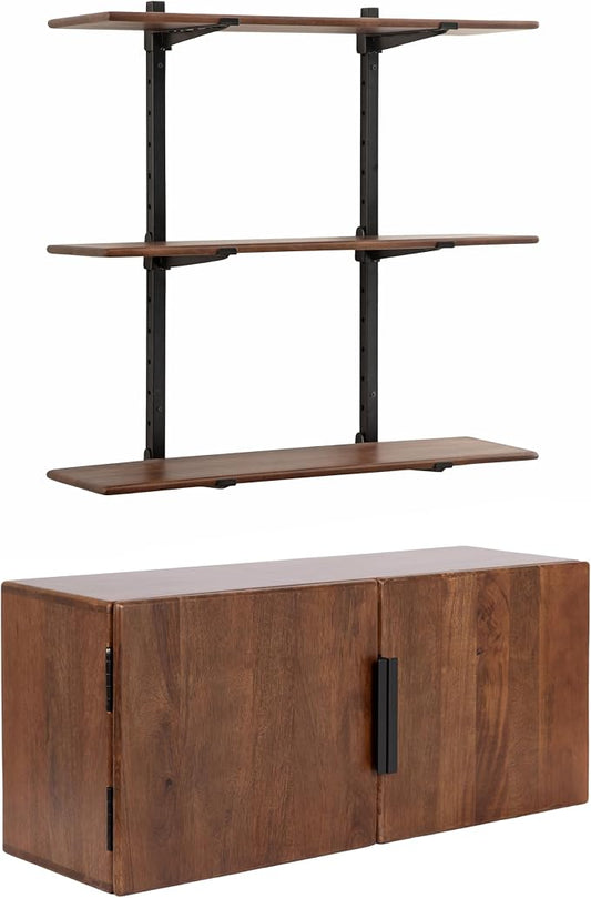Kate and Laurel Atwood Modern Mango Wood Two-Door Wall Cabinet and Shelf Set, Walnut Brown, Decorative Storage Cabinet with Tiered Wall Shelves for Use as Cohesive Bar Storage Unit