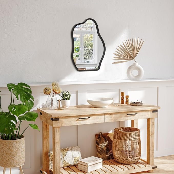 Modern Asymmetrical Mirror Unique Irregular Wooden Framed Mirror for Wall Hanging Mirrors Artistic Cloud Shape Wall Mirror Decor Bathroom Bedroom Living Room Entryway Hallway Small
