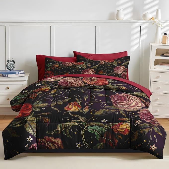 Nesker 7 Pcs Comforter Set Full Size, Retro Red Rose Flower Bedding Set for Kids and Adults, Floral Leaves Plant Bed Sheet Sets with Fitted Sheet 2 Pillowcases & 2 Shams