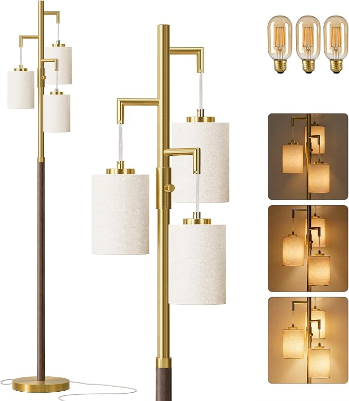 G-SAFAVA 70" Dimmable Floor Lamp Wood Floor Lamps for Living Room Bedroom Mid Century Modern Floor Lamp Gold Standing Lamp Tall Lamps for Office Nursery Reading Elegant Stand Up Lamp, 3 Bulbs Included