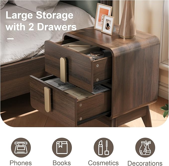 Nightstands Set of 2, Mid Century Modern Nightstand with Drawers, Bedside Tables with Solid Wood Legs, End Side Tables for Bedroom, Small Space,Walnut