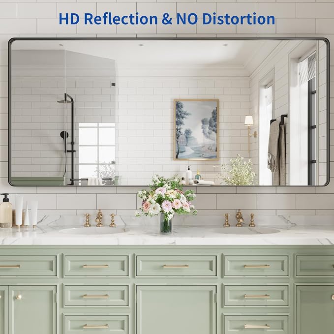WEER Black Bathroom Mirror for Wall, 77X36 Inch Matte Black Mirror, Rectangular Black Metal Framed Vanity Mirror with Tempered Glass, Rounded Corner, Anti-Rust (Horizontal/Vertical)