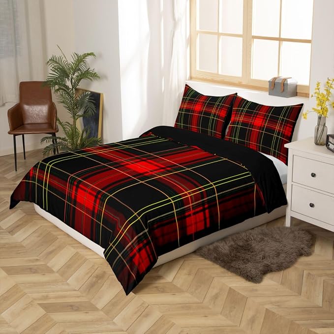 Erosebridal Red Black Grid Duvet Cover King Modern Classic Geometric Tartan Bedding Set for Kids Teens Buffalo Plaid Quilt Cover Striped Check Vintage Farmhouse Bed Set with Zipper