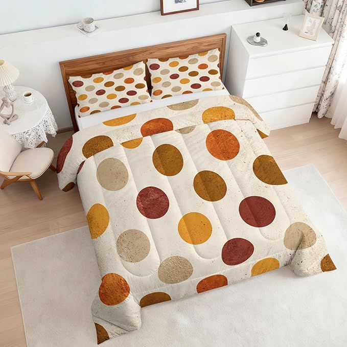 Polka Dot King Size Comforter Sets 3 Piece, Retro Geometric Printed Pattern, Soft All Season Bed Comforter & 2 Pillow Sham, Polka Dots Bedroom Decor Reversible Bedding D-GM10