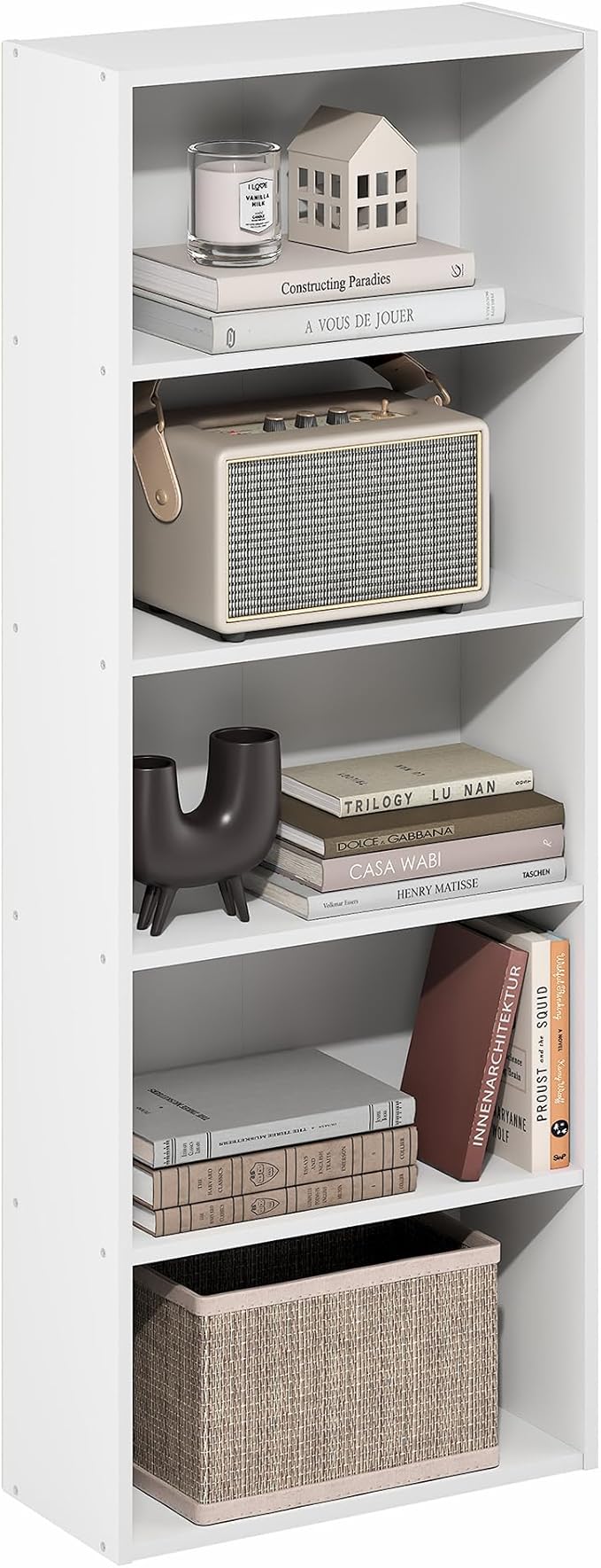 Furinno Basic Book Shelf, 5-Tier Bookshelf, Storage Organizer Bookcase with Open Shelf, 7 x 17 x 44, for Living Room, Bedroom, Home Office, White
