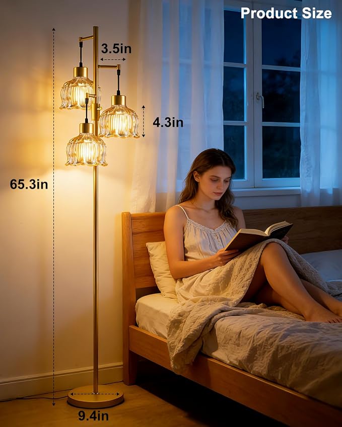 3-Light Modern Glass Floor Lamp, Gold Standing Tall Lamp with Amber Vertical Rib Glass Shade for Reading, Dimmable LED Floor Lamp with 5Lbs Heavy Base for Living Room Bedroom Home Decor, Bulb Included