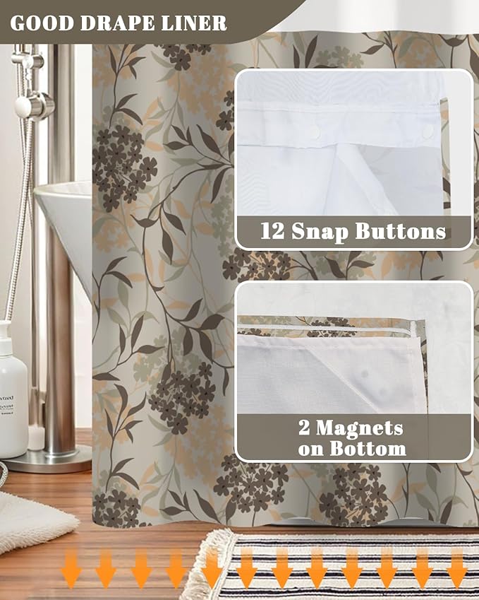 No Hook Shower Curtain with Snap in Liner Set - Neutral Botanical Floral Pattern Shower Curtains for Modern Farmhouse Bathroom, Waterproof Bath Tub Curtain with Mesh Top, 71Wx74H