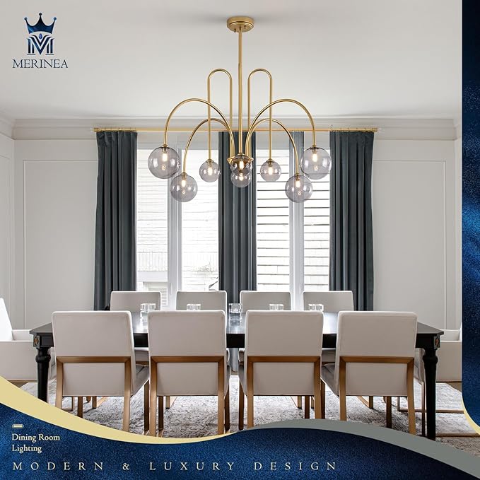 Modern Chandelier 8 Lights Gold Sputnik Light Fixture Large Luxury L41” Mid Century Smoke Glass Globe Ceiling Pendant Lighting for Foyer Staircase Living Dining Room Kitchen
