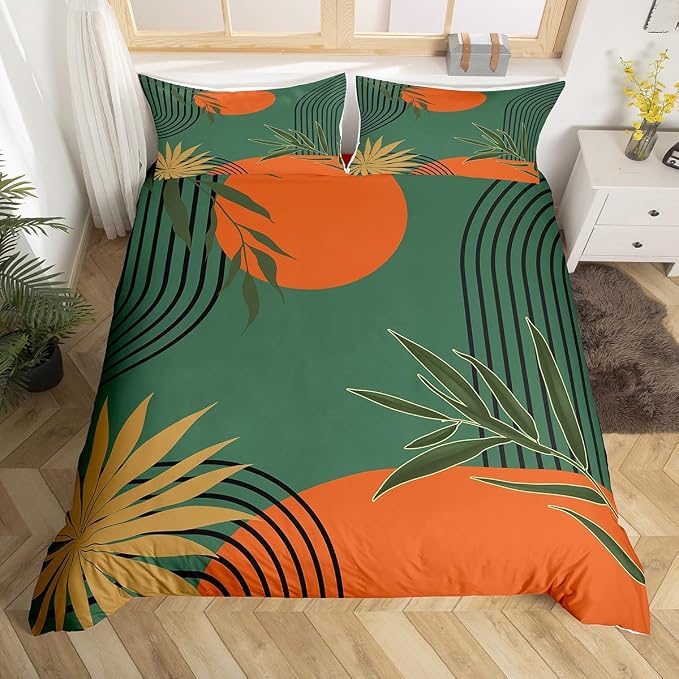 Erosebridal Abstract Modern Sun Duvet Cover Twin for Kids Boys Girls,Geometric Leaves Comforter Cover,Minimalist Aesthetic Bedding Set,Mid Century Green Orange Bed Set 2 Pcs Bedroom Decor