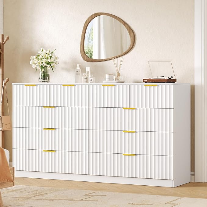 Fluted 10 Drawer Dresser for Bedroom,55.1''W Modern Dresser for Closet with Metal Handle, Wooden Chest of Drawers for Bedroom, Living Room, Hallway,White