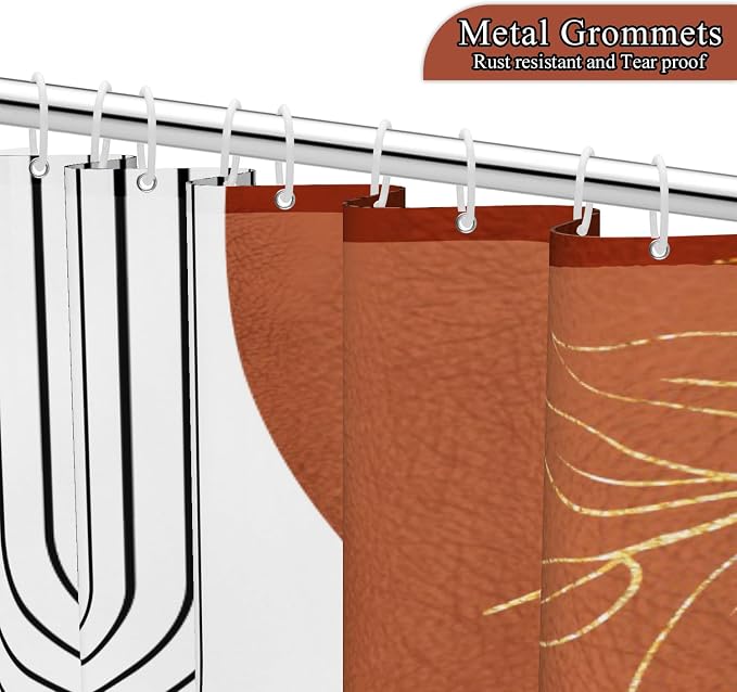 Mid Century Boho Shower Curtain, Abstract Modern Sun Minimalist Aesthetic Shower Curtain, Bohemian Geometric Arch Curve Leaves Neutral Art Fabric Bathroom Curtains Orange 72x84 inch