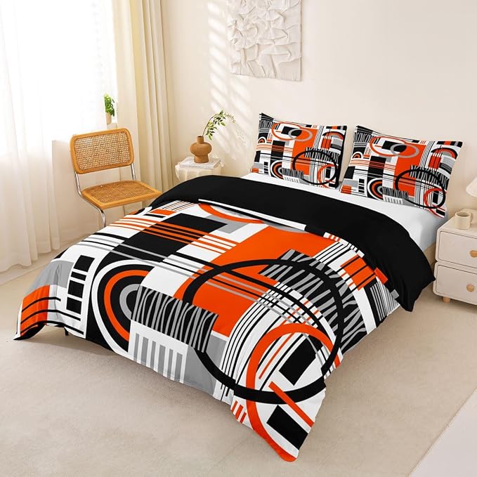 Erosebridal Art Deco Mid Century Duvet Cover Set Retro Modern Abstract Geometric Girl Toddler Bedding Set for Little Boys Black and White Orange Circles Stripes Comforter Cover Contemporary Bed Sets