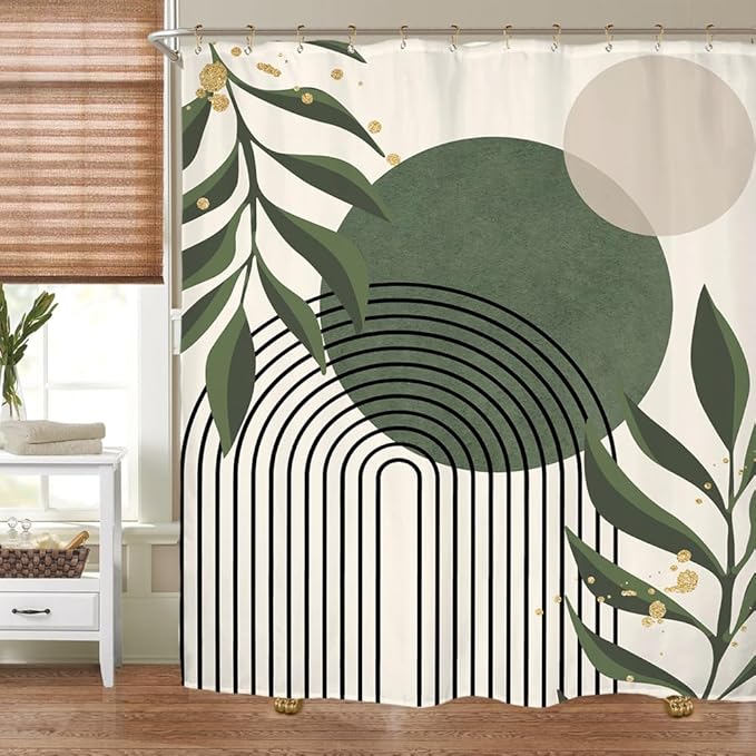 Miyotaa Abstract Sage Green Shower Curtain Set 71Wx71H Inches Minimalist Plant Aesthetic Modern Neutral Leaves Mid Century Waterproof Bathroom Curtain with 12 Hooks