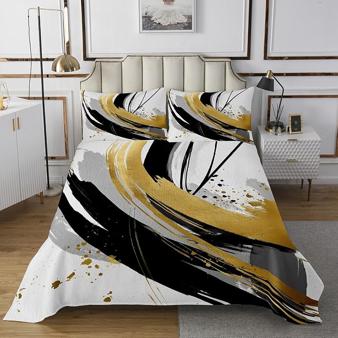 Erosebridal Black and White Golden Quilt Set Queen - Geometric Decorative Abstract Coverlet Set Striped Bedspreads for Boys Adults Girls Minimalists Graffiti Aesthetic Lines Bed Sets