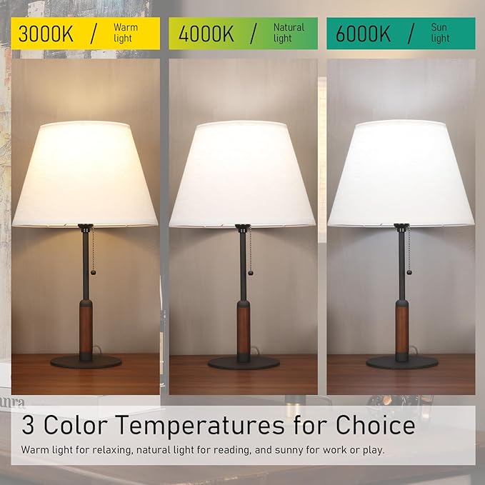 21" Modern Bedside Lamp Mid Century Table Lamp, Pull Chain Nightstand Lamp for Bedroom Living Room 3-Color Light, Solid Wood/Metal/Fabric for Home/Office/Desk Decor (Off White+Sand Black)