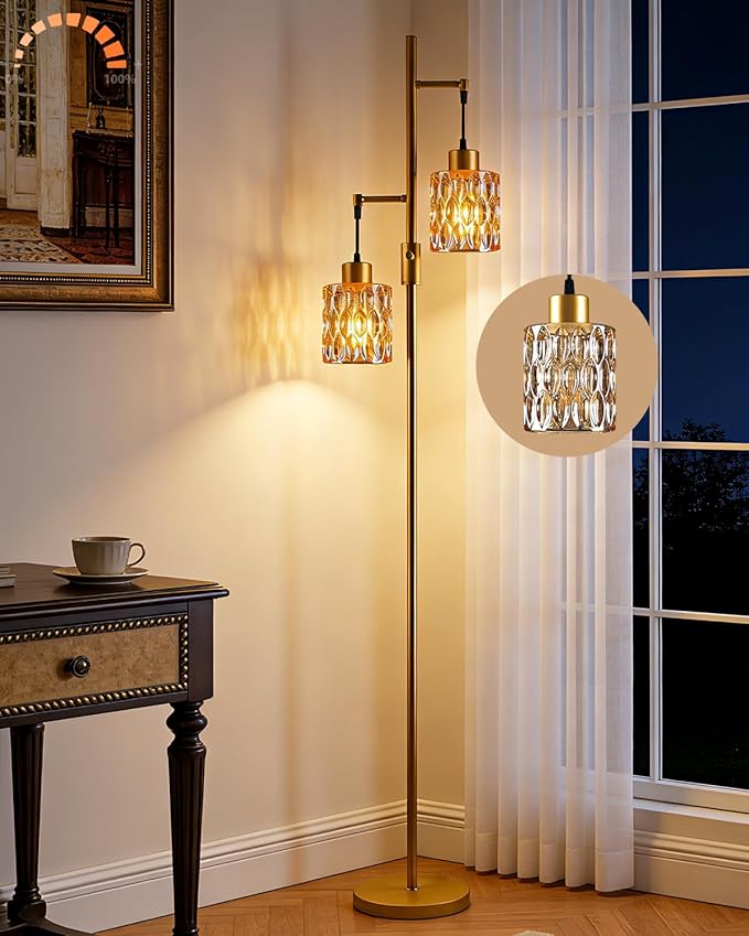 2-Light Glass Floor Lamp, 65IN Tall Standing Lamps Dimmable with Amber Glass Lampshade, 3000K Warmwhite Mid Century Modern Floor Lamp with 5Lbs Heavy Base for Living Room/Bedroom