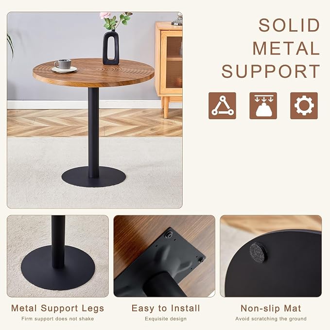 31.5 Inch Round Dining Table for 2-4 Person,Mid-Century Modern Walnut Tulip Kitchen Table, Wooden GrainTabletop with Suction Molding Annular Texture and Black Metal Base
