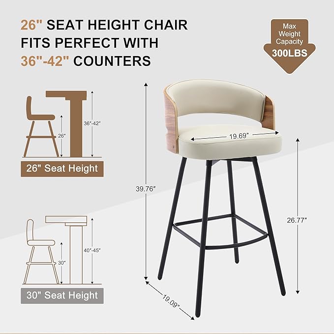 Swivel Bar Stools Set of 4, 26" Counter Height Bentwood Barstool, Upholstered Faux Leather Barstools with Walnut Back, Mid Century Modern Bar Chairs for Kitchen Island, Bar