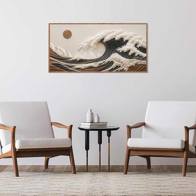 HLNIUC Boho Sea Wave Wall Art Canvas,Abstract Sun Artwork,Seascape Wall Art,Sea Sun Framed Decor,Mid Century Painting,Ocean Wave Artwork,Minimalist Landscape Prints for Living Room,Bedroom Home 20*40"
