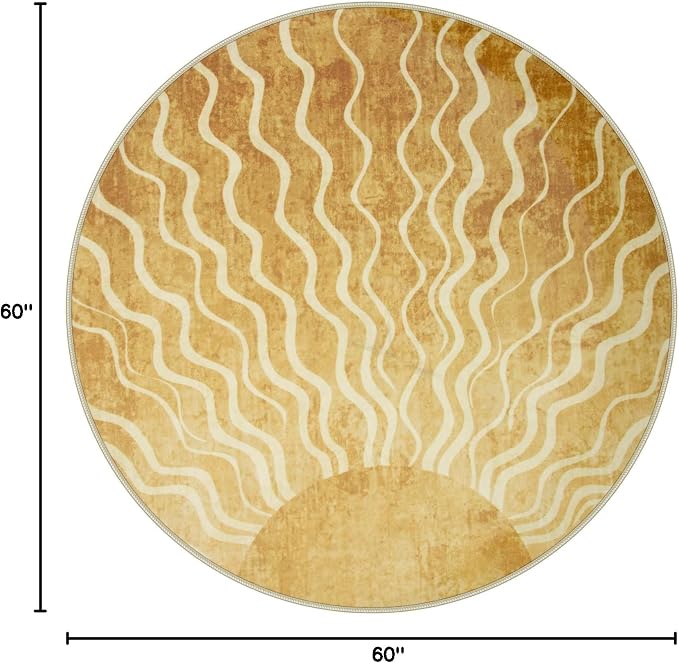 Wonnitar Sun Print Round Area Rug, Boho Washable 5ft Circle Rug for Kids Room Playroom, Gradient Yellow Ultra-Thin Non-Slip Round Carpet for Living Room Classroom Bedroom Entryway