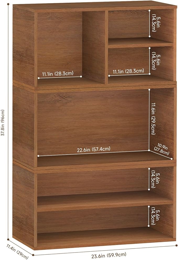 3 Cube Organizer Bookcase, Expandable Storage Shelves, Wooden Open Shelving Unit Book Shelf for Living Room, Office, Bedroom, Mid-Century Style Wood Furniture, Walnut Oak (1 Set)