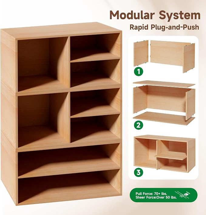 3 Cube Organizer Bookcase, Expandable Storage Shelves, Wooden Open Shelving Unit Book Shelf for Living Room, Office, Bedroom, Mid-Century Style Wood Furniture, Beech Color (1 Set)