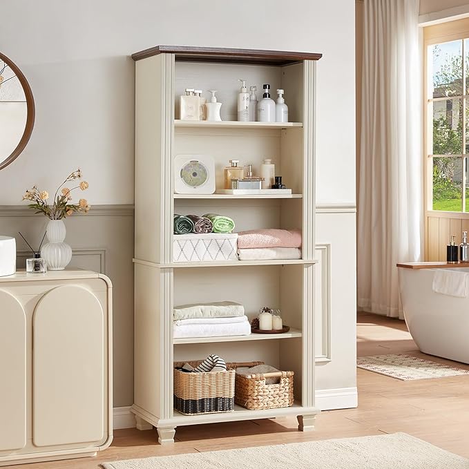 SAVOR LIFE 70" Tall White Bookshelf,5 Tier Wood Book Shelf with Adjustable Shelves & Wood Legs,Free Standing Farmhouse Bookcase with Open Display Storage,Vintage Kids Bookshelves for Nursery,Bedroom
