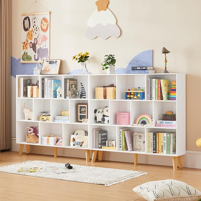 LEYAOYAO 10 Cube Bookshelf,3 Tier Modern Wide Bookcase with Legs,Mid-Century Wood Bookshelves Storage，White Large Book Case,Freestanding Organizer Display Shelf for Bedroom,Living Room,Office