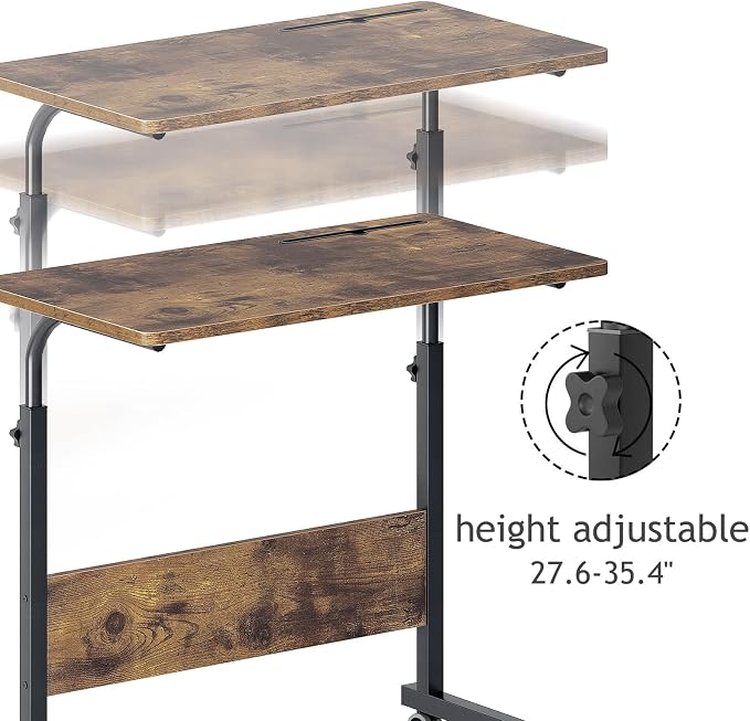 DlandHome Rolling Desk Adjustable Standing Desk, Mobile Side Table 31.4 Inches w/Wheels Adjustable C Table Movable Portable Laptop Computer Stand for Bed Sofa,Retro