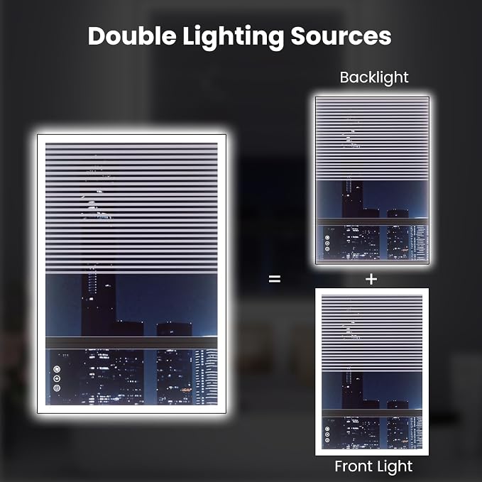 WTTY 24"X32" LED Bathroom Mirror with Black Frame, Bathroom Vanity Mirror with Lights for Wall, Front Light and Backlit, Anti-Fog, Dimmable, 3 Colors, Shatterproof, Memory, Horizontal/Vertical