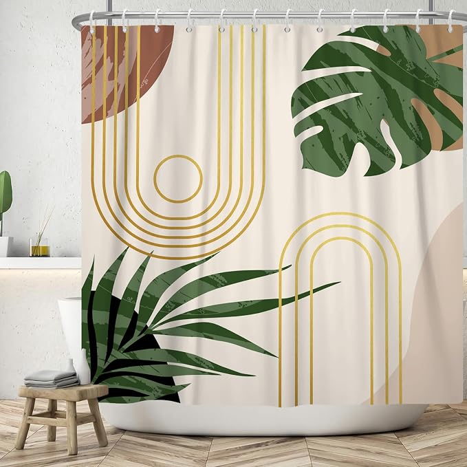Boho Sage Green Shower Curtain Bohemian Mid Century Geometric Abstract Curve Bathroom Curtain Palm Leaf Polyester Shower Curtain Sets for Bathroom Extra Long 72x84 in with 12 Hooks