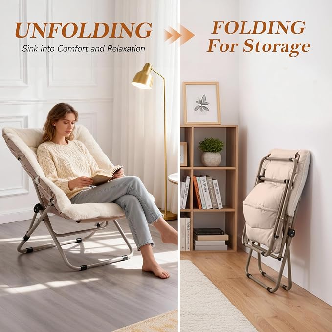 Furlide Saucer Chair, Comfy Bedroom Chairs, Oversized Folding Faux Fur Chair, Foldable Metal Frame Chair for Living Room, Balcony, Patio, Study, Playroom (Beige)