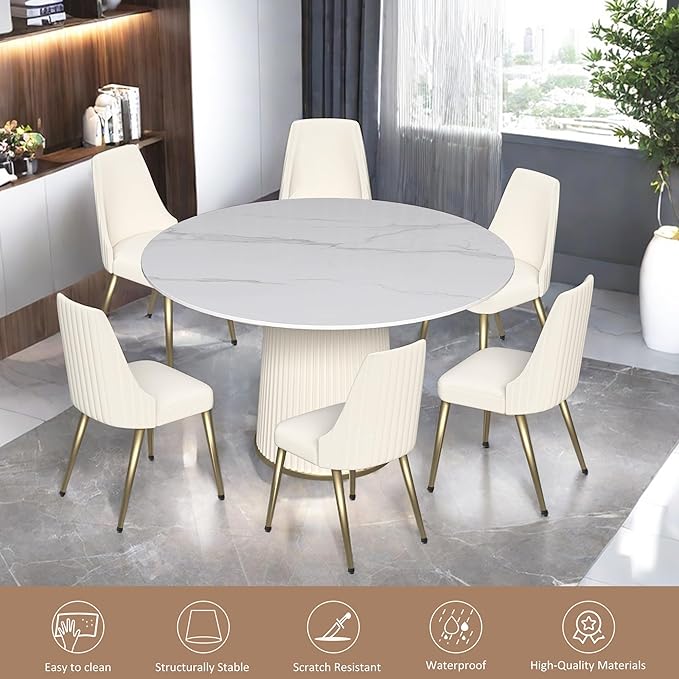 Leavader Modern Round Dining Table Set- 53" Sintered Stone Dining Table with Cream White Cylindrical Base, 7-Piece Marble Round Dining Room Set for Kitchen, Restaurant