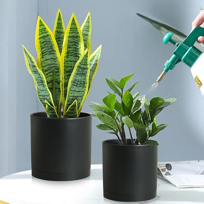 Meowell 12/10/8 inch Large Deep Plant Pots, 3 Pack Tall Cylinder Flower Pots for Outdoor Indoor Plants, Plastic Planters with Drainage Holes and Saucers for Garden Porch House Plants, Black
