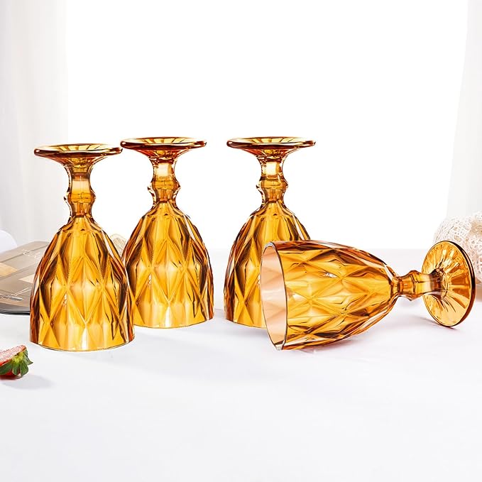 48 Pack Vintage Wine Glasses, Plastic Reusable 12 Ounce Colored Water Goblets, Unique Embossed Pattern Unbreakable Stemmed Wine Glasses High Clear Wedding Party Bar Drinking Cups Amber