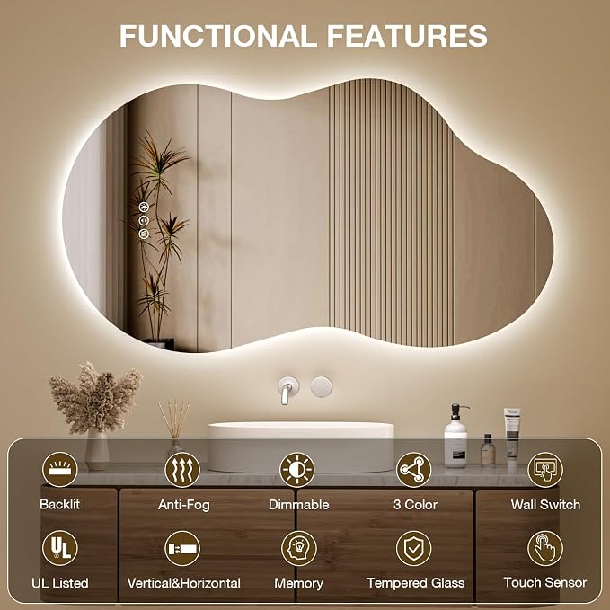 Irregular Cloud Backlit Bathroom Mirror 24x36 Inch, LED Vanity Mirror with Lights Anti-Fog, Dimmable 3 Colors, 4mm Tempered Glass, Horizontal/Vertical Wall Mount for Bathroom or Makeup Area