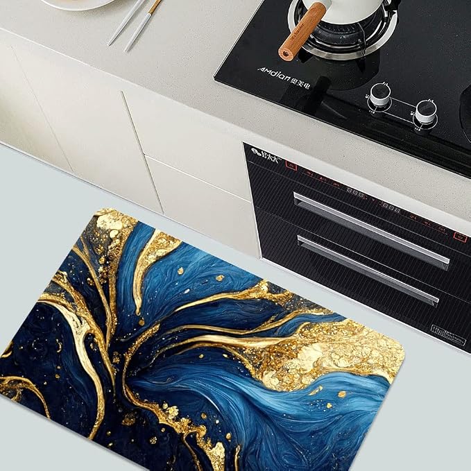Diatomaceous Earth Bath Mat,Blue and Gold Marble Texture Non-Slip Volume Super Absorbent Fast Drying for Bathroom Kitchen Door mat,Eco-Friendly Easy to Clean 16×24Inch (40 * 60cm)