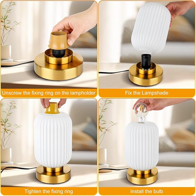 Mid Century Modern Table Lamp with Milk White Ribbed Glass Shade,Touch Control & 3 Way Dimmable, Small Gold, Vintage Bedside Lamp for Bedroom, Living Room,Office (Bulb Included)