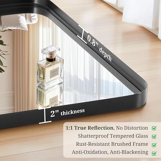 Bathroom Mirror 30x22 Inch Black Metal Frame Rectangle Vanity Mirror with Rounded Corners, Modern Wall Mounted Anti-Rust Mirror for Farmhouse, Restroom, Entryway, Horizontal or Vertical Hanging
