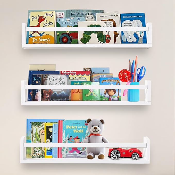 AZSKY Nursery Bookshelves White, 24 Inch Floating Bookshelves for Wall Set of 3, Baby Kids Room Decor, Solid Wood Wall Mounted Shelves for Books Storage