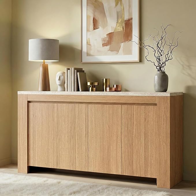 Buffet Cabinet with Storage, 63" Sideboard Buffet Accent Cabinet with Faux Marble Top & 4 Doors, Modern Buffet Table Credenza Cabinets for Living Room, Dining Room, Kitchen（Natural Oak）