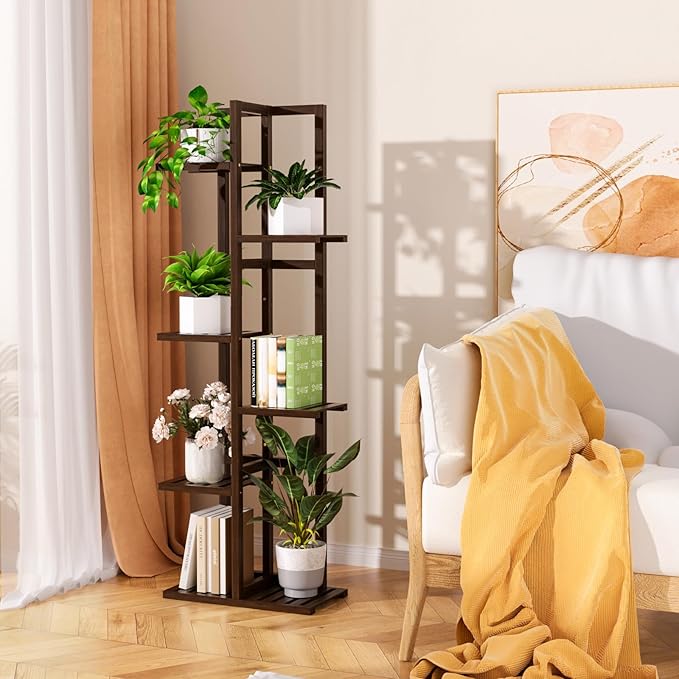 ROMGUAR CRAFT 6 Tier Bamboo Plant Stand Indoor, Wood Tall Flower Holder Corner Tiered Plant Shelf for Multiple Plants (Brown)