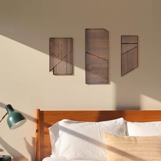 Yerliker 3 Pcs Mid Century Modern Wood Wall Art Decorations 3D Geometric Abstract Wall Sculpture for Living Room Bedroom Office Minimalist Aesthetic(Medieval,15.75 x 15.75 x 1.97 Inch)