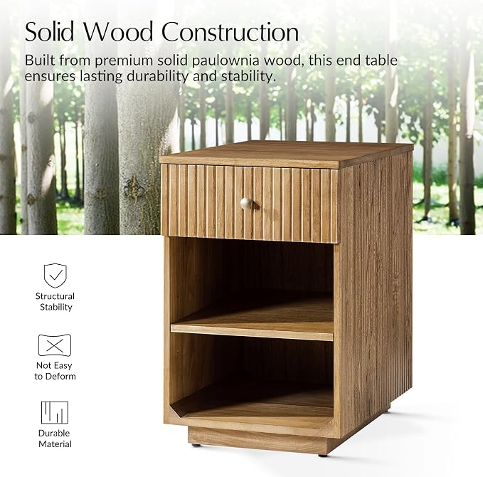 HULALA HOME Mid-Century Modern End Table with Drawer and Open Shelves, Solid Paulownia Wood Side Table, Brass Knob, No Assembly Required(Set of 2, Acorn)