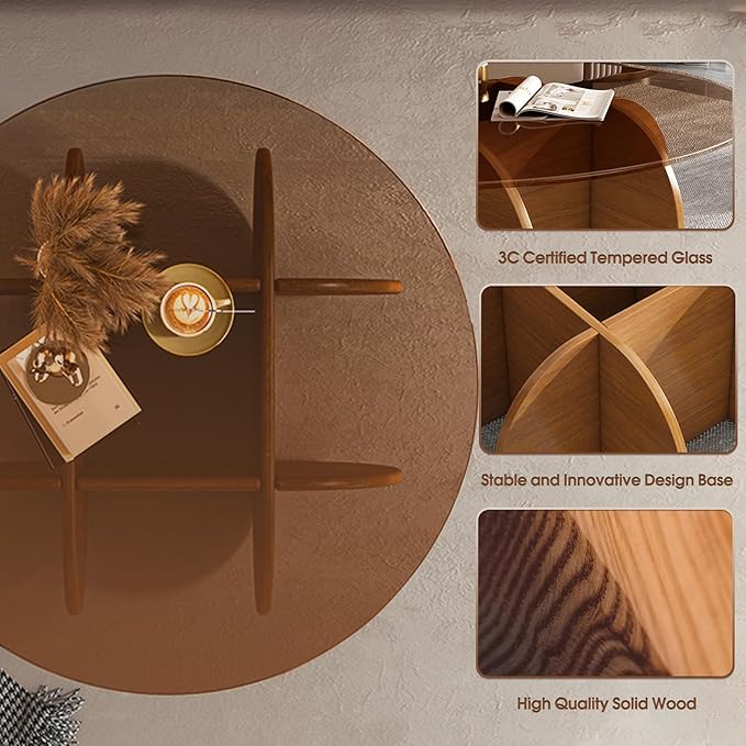 Modern Round Coffee Table with Solid Wood Legs,31.5'' Glass Coffee Tables for Living Room Rustic Circle Center Cocktail Table with Tempered Glass-Top,for Small Spaces, Unique | Modern