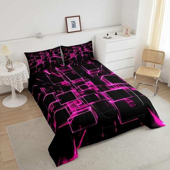 Erosebridal Girly Pink and Black Kids Comforter Set, Modern Abstract Geometric Square Bedding Sets for Boys Girls Gradient Neon Light Honeycomb Duvet Insert Twin with 1 Pillowcase