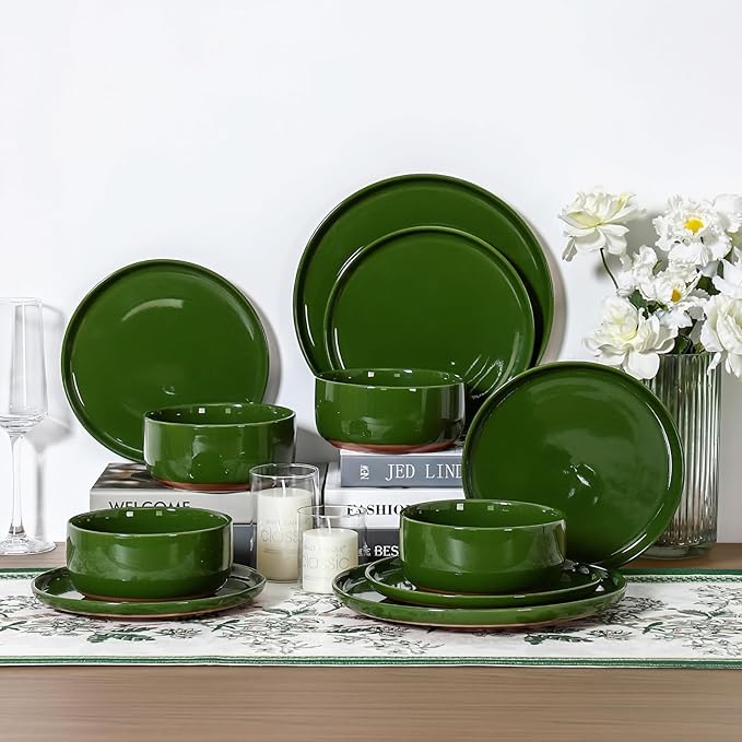 GZG Modern Art Series - 6 Pcs Speckled Stoneware Plates and Bowls Sets, Ceramic Dinnerware Set with Rustic Terracotta Underside, Microwave and Dishwasher Safe Handcrafted Dishes Set - Verdant Green