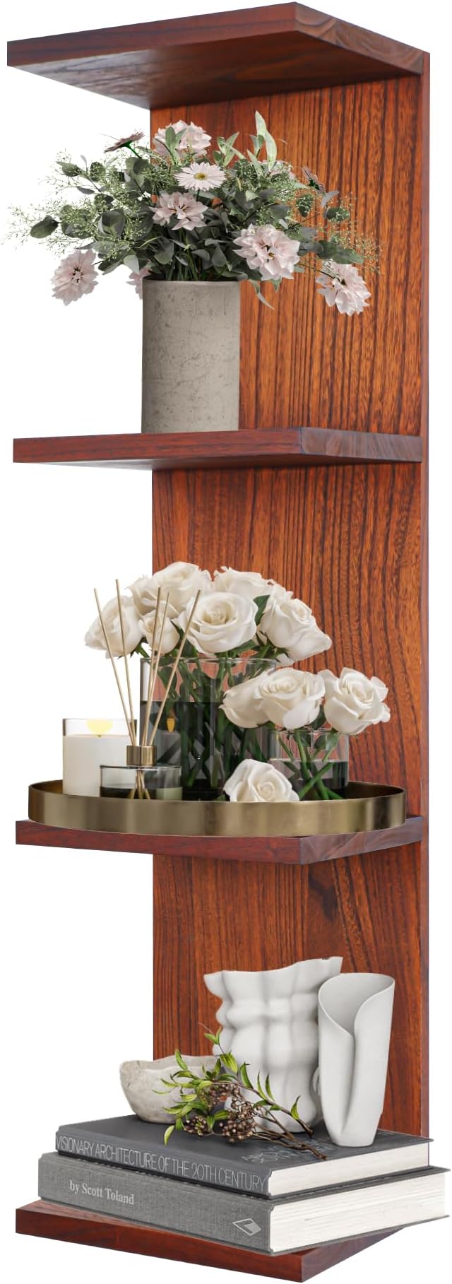 4 Tier Wall Shelf Unit,Vertical Column Floating Storage Home Decor Organizer,Walnut Lack Wall Shelf for Bedroom,Living Room,Office Decor(1 Pack)