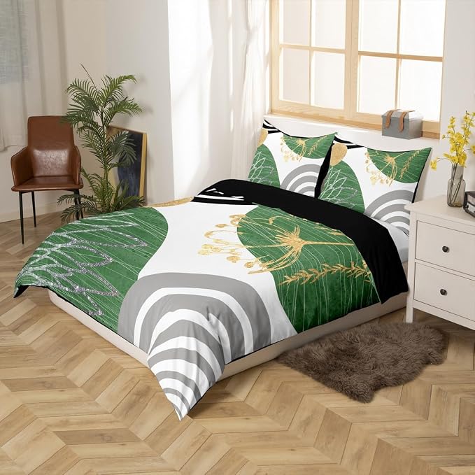 Erosebridal Boho Mid Century Twin Comforter Cover for Women Men Adults | Minimalist Modern Duvet Cover Green and White Geometric Bed Set Aesthetic Modern Abstract Bedding Set