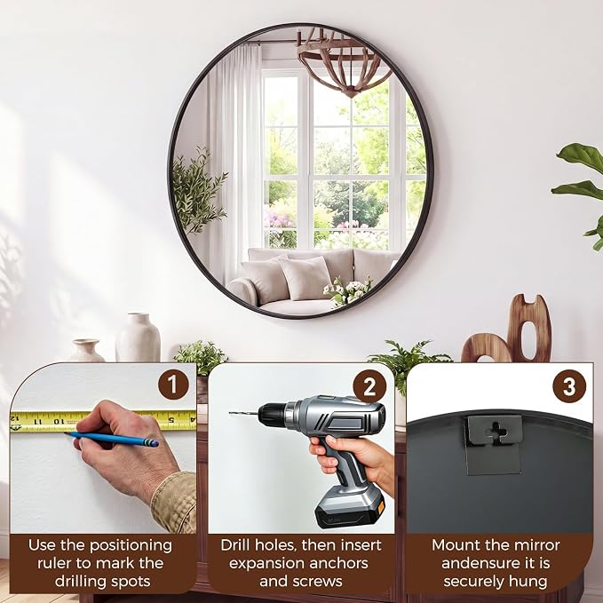 NEWBULIG 24 Inch Round Wall Mirror, Bathroom Mirrors for Over Sink, Matte Metal Framed Circle Vanity Mirror, Wall Decor for Bedroom, Anti-Rust, Tempered Glass, Hanging or Leaning, Classic Black